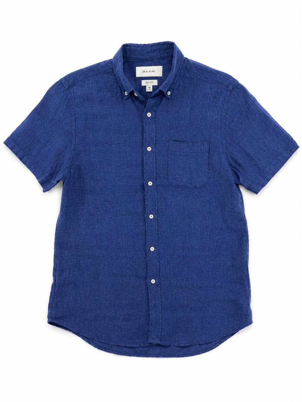 Porter & Ash 100% Linen Short Sleeve Button Front Shirt Blue EU M US M
